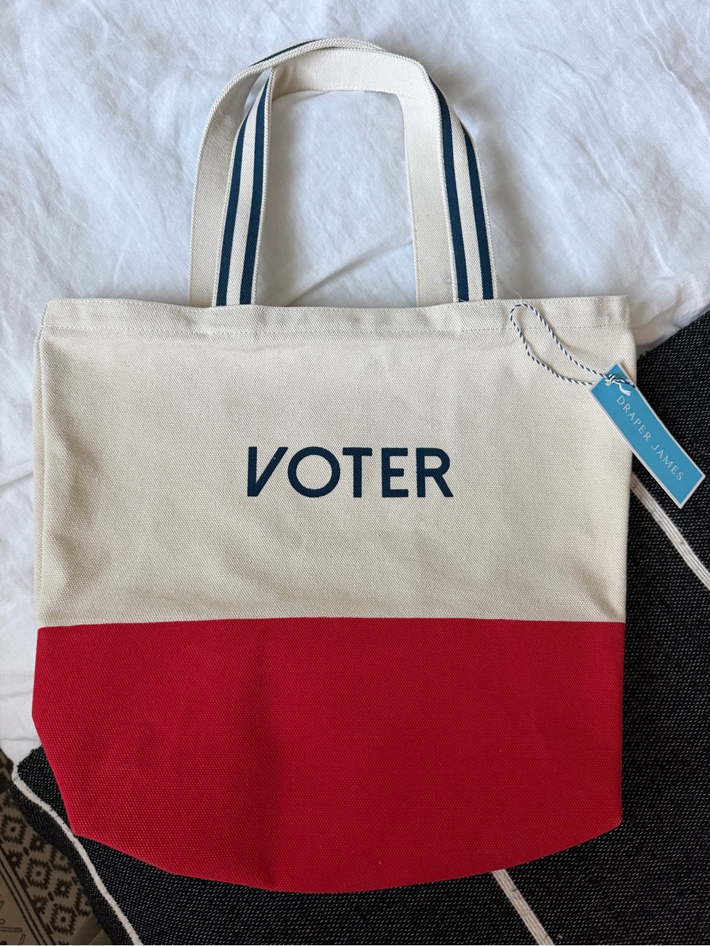 Draper James Cream/Red/Navy 'VOTER' Canvas Tote. Perfect for election season!